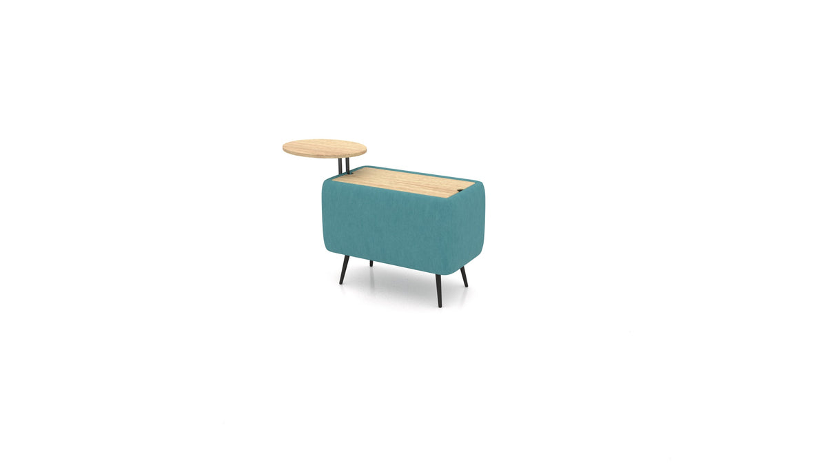 OIKO Tisch mit Stauraum und Holz-Beistelltisch, modulares Sofa von FEYDOM im Stoff Mollia FF-20 Turquoise, helles Holz