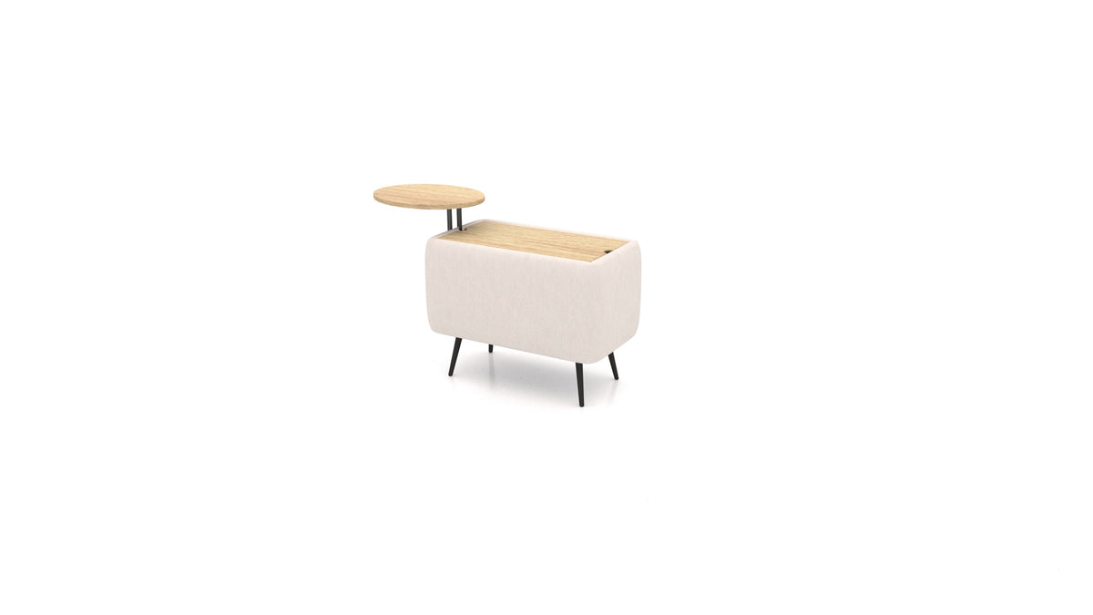 OIKO Tisch mit Stauraum und Holz-Beistelltisch, modulares Sofa von FEYDOM im Stoff Mollia HC-04 White, helles Holz
