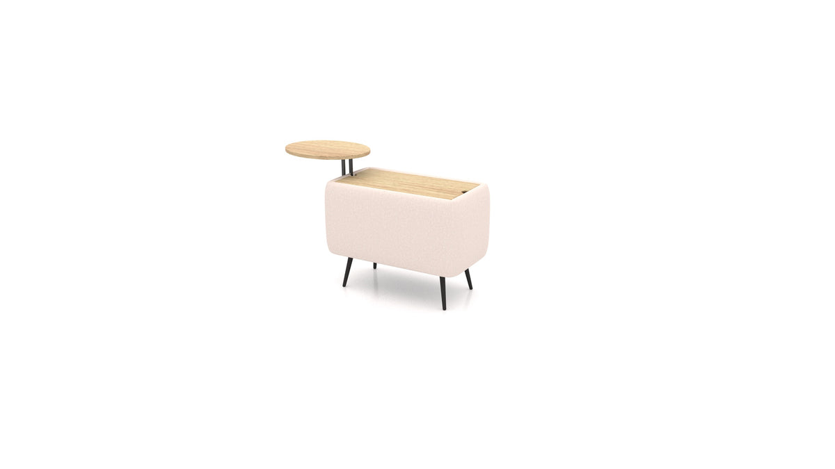 OIKO Tisch mit Stauraum und Holz-Beistelltisch, modulares Sofa von FEYDOM im Stoff Hygge HG-04 Natur, helles Holz