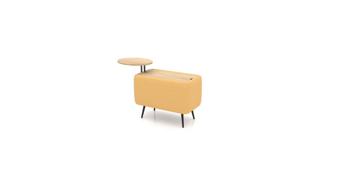 OIKO Tisch mit Stauraum und Holz-Beistelltisch, modulares Sofa von FEYDOM im Stoff Hygge HG-53 Yellow, helles Holz