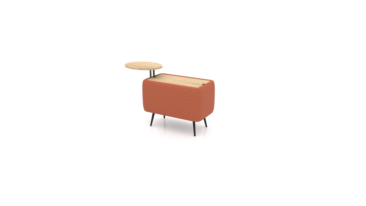 OIKO Tisch mit Stauraum und Holz-Beistelltisch, modulares Sofa von FEYDOM im Stoff Hygge HG-56 Terracotta, helles Holz