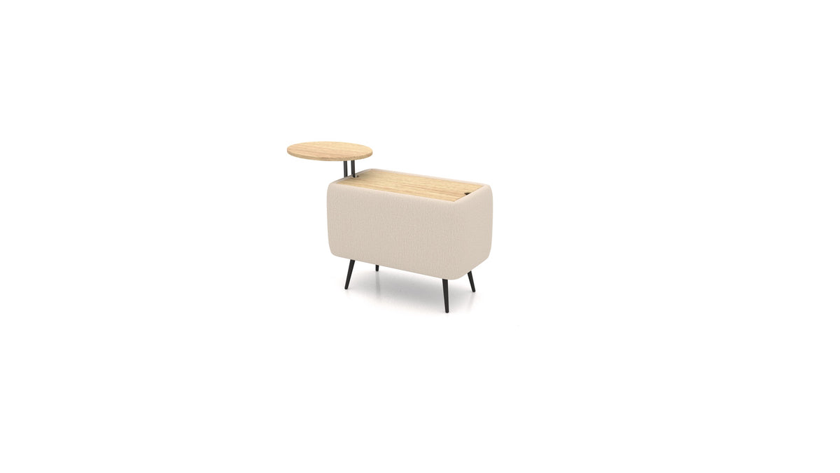 OIKO Tisch mit Stauraum und Holz-Beistelltisch, modulares Sofa von FEYDOM im Stoff Heim HM-06 Natur, helles Holz