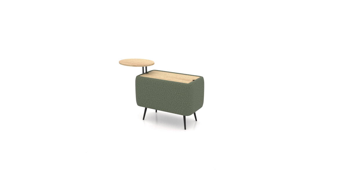 OIKO Tisch mit Stauraum und Holz-Beistelltisch, modulares Sofa von FEYDOM im Stoff Heim HM-39 Forest, helles Holz