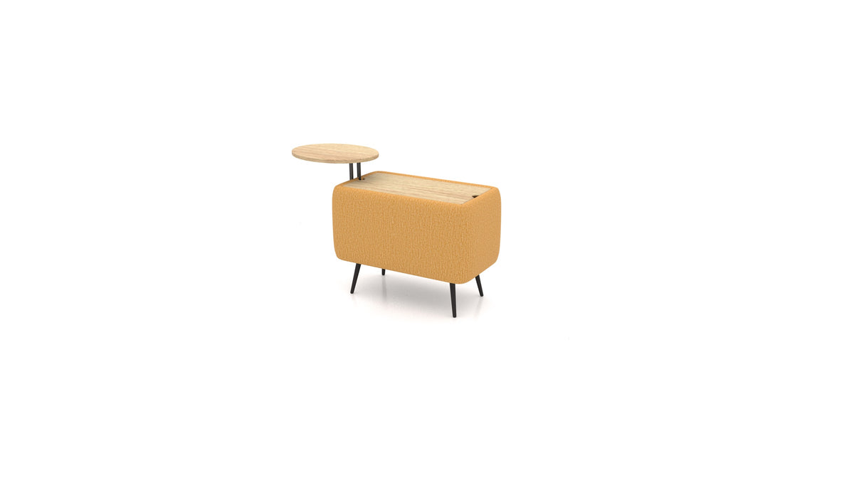 OIKO Tisch mit Stauraum und Holz-Beistelltisch, modulares Sofa von FEYDOM im Stoff Heim HM-53 Antique Gold, helles Holz