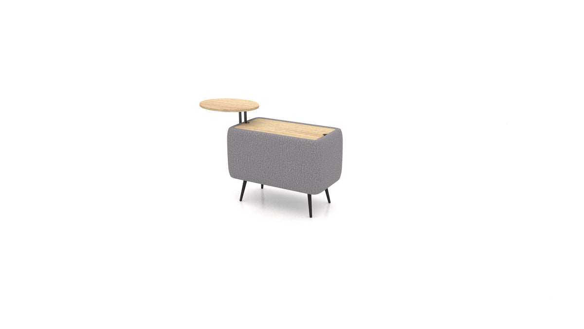 OIKO Tisch mit Stauraum und Holz-Beistelltisch, modulares Sofa von FEYDOM im Stoff Heim HM-95 Medium Grey, helles Holz