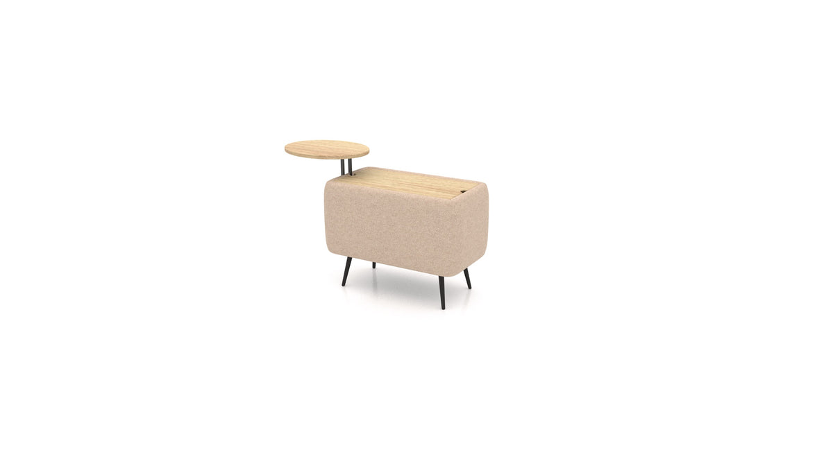 OIKO Tisch mit Stauraum und Holz-Beistelltisch, modulares Sofa von FEYDOM im Stoff Icon IC-06 Cappuccino, helles Holz