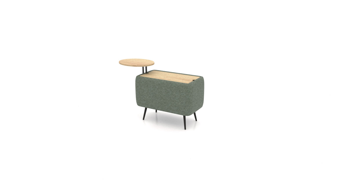 OIKO Tisch mit Stauraum und Holz-Beistelltisch, modulares Sofa von FEYDOM im Stoff Icon IC-39 Forest, helles Holz