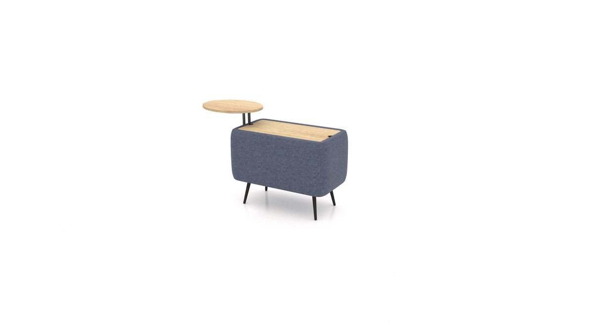 OIKO Tisch mit Stauraum und Holz-Beistelltisch, modulares Sofa von FEYDOM im Stoff Icon IC-79 Deep Blue, helles Holz